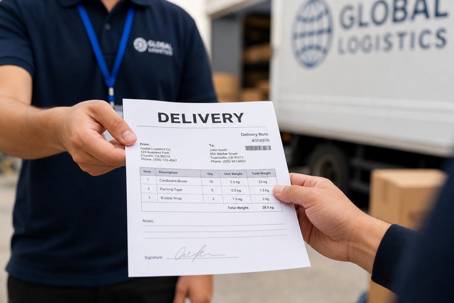 Close-up of a delivery note with the title Delivery clearly visible