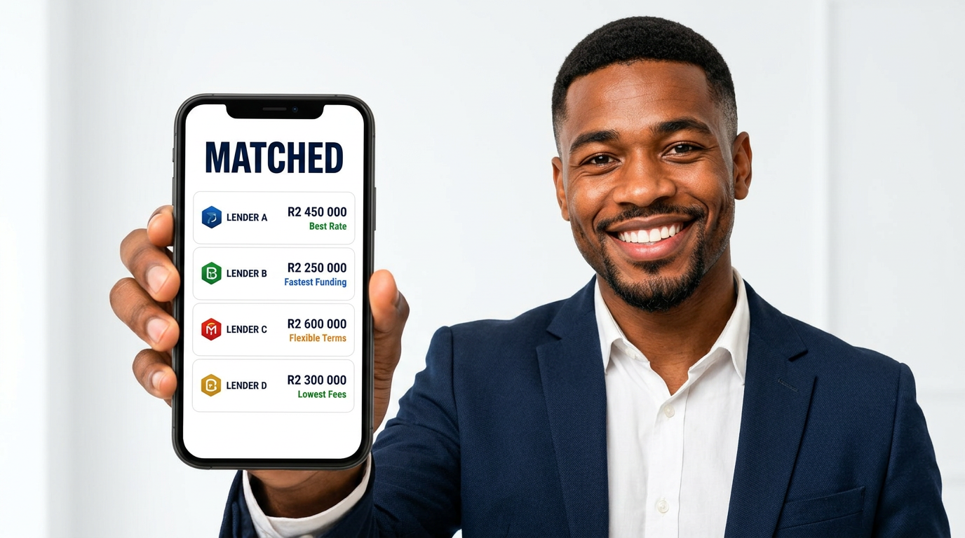 Light-skinned South African man smiling and holding up a phone showing matched lender quotes