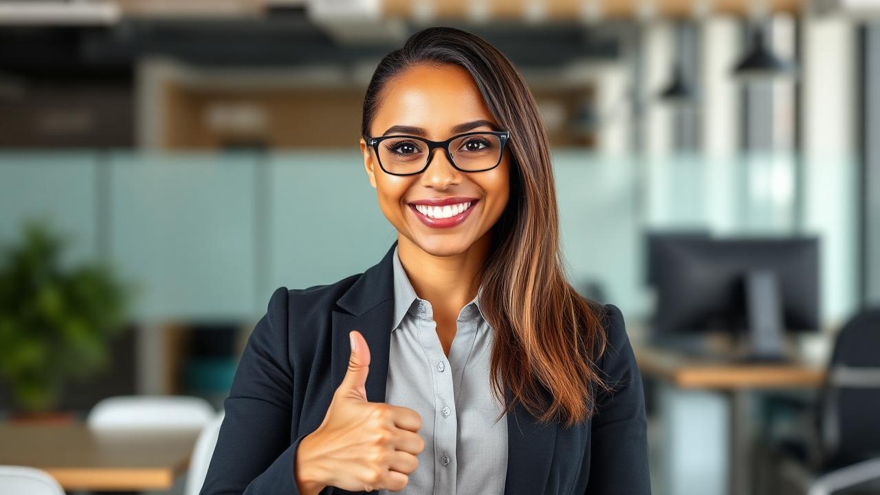 Top-half portrait of a smart-casual South African businessman giving thumbs up